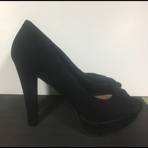 Black peep toe suede heels